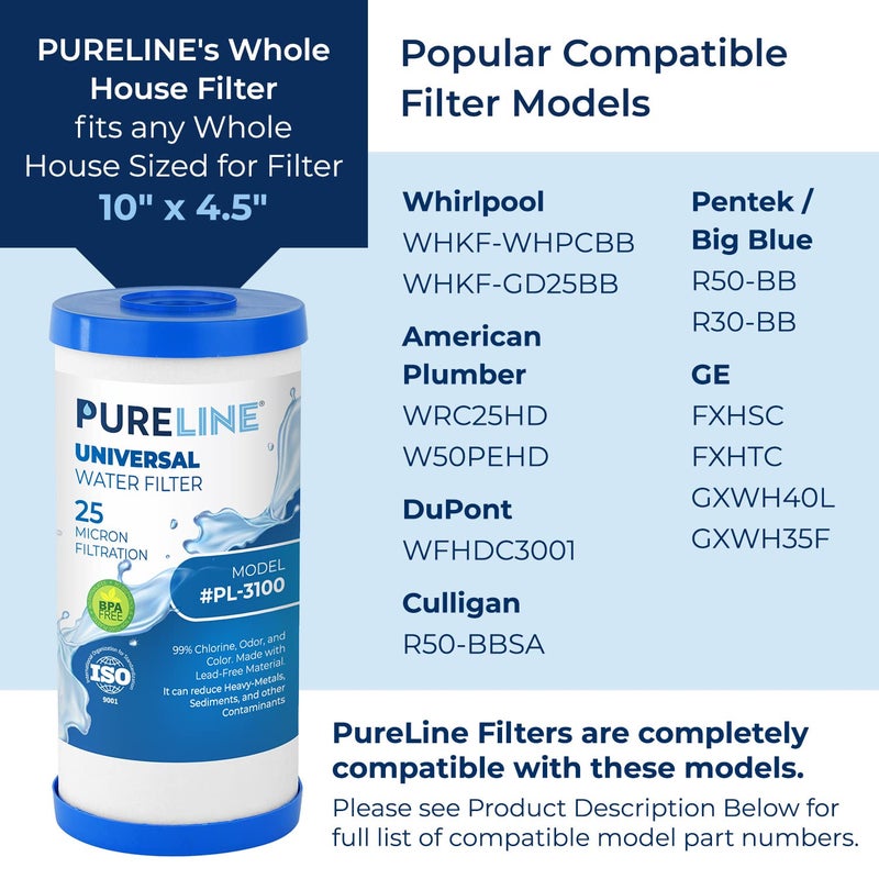 Pureline فلتر Pureline FXHTC 25 ميكرون 10" × 4.5" بديل لـ GE FXHTC، GXWH40L، Culligan RFC-BBSA، W50PEHD، GXWH40L، GXWH35F، GNWH38S، DuPont WFHD13001، Pentair Pentek R50-BB، NSF 372 و NSF 42 (عبوة 2)  - Image 2